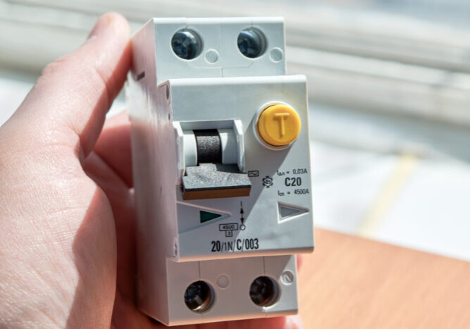 Man holding an automatic switch of differential current. The device protects human life from electric shock. It combines an automatic switch plus a protective shutdown device.